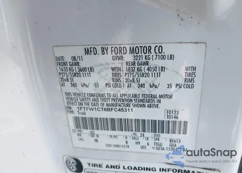 2011 Ford F-150 Platinum из США, поврежденный, VIN 1FTFW1CT6BFC45311